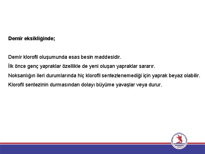 Demir eksikliğinde; Demir klorofil oluşumunda esas besin maddesidir. İlk önce genç yapraklar özellikle de