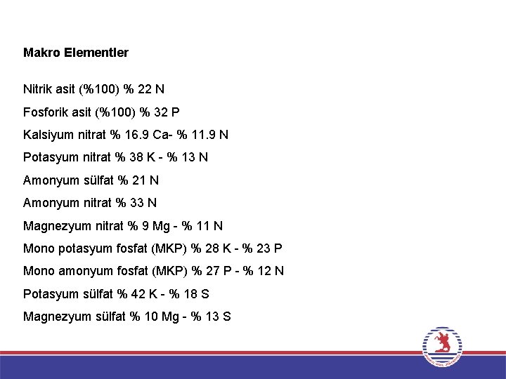 Makro Elementler Nitrik asit (%100) % 22 N Fosforik asit (%100) % 32 P