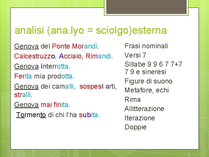 analisi (ana. lyo = sciolgo)esterna Genova del Ponte Morandi. Calcestruzzo. Acciaio, Rimandi. Genova interrotta.