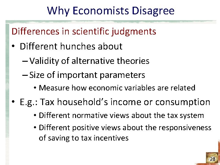 Why Economists Disagree Differences in scientific judgments • Different hunches about – Validity of