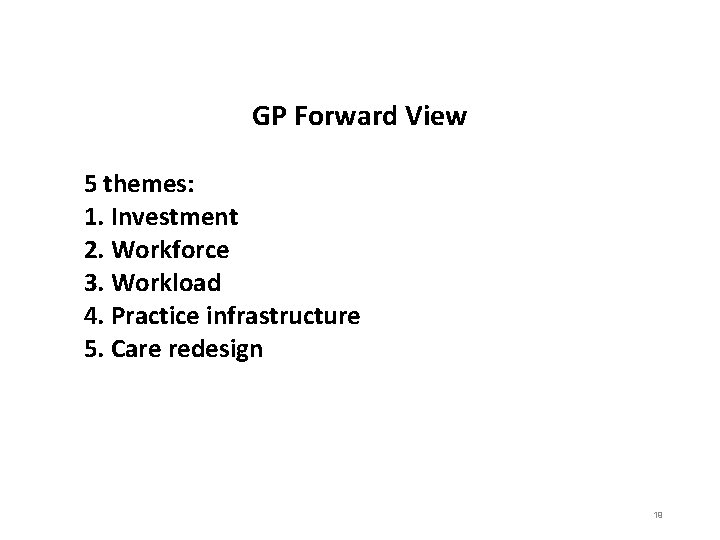 GP Forward View 5 themes: 1. Investment 2. Workforce 3. Workload 4. Practice infrastructure