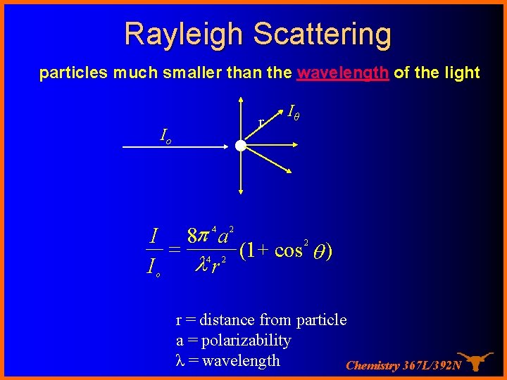 Rayleigh Scattering particles much smaller than the wavelength of the light Io ● r Rayleigh Scattering particles much smaller than the wavelength of the light Io ● r