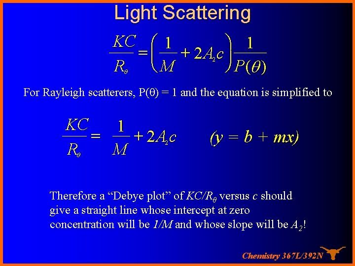 Light Scattering KC æ 1 ö 1 = ç + 2 A c÷ ø Light Scattering KC æ 1 ö 1 = ç + 2 A c÷ ø