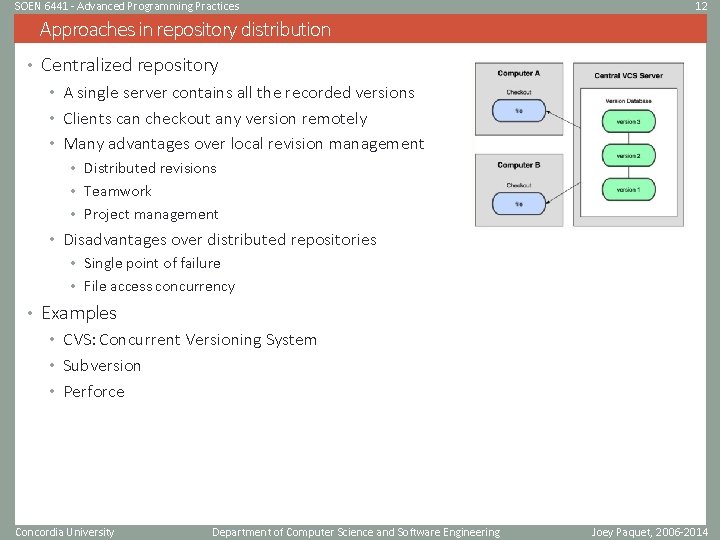 SOEN 6441 - Advanced Programming Practices 12 Approaches in repository distribution • Centralized repository