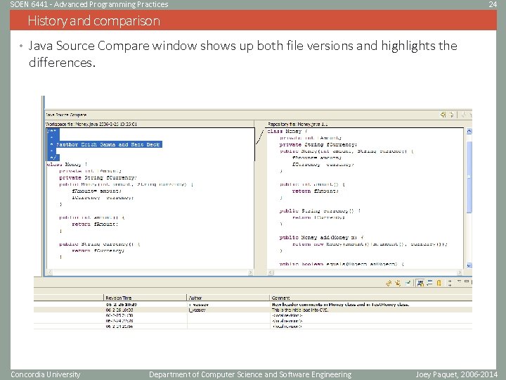 SOEN 6441 - Advanced Programming Practices 24 History and comparison • Java Source Compare