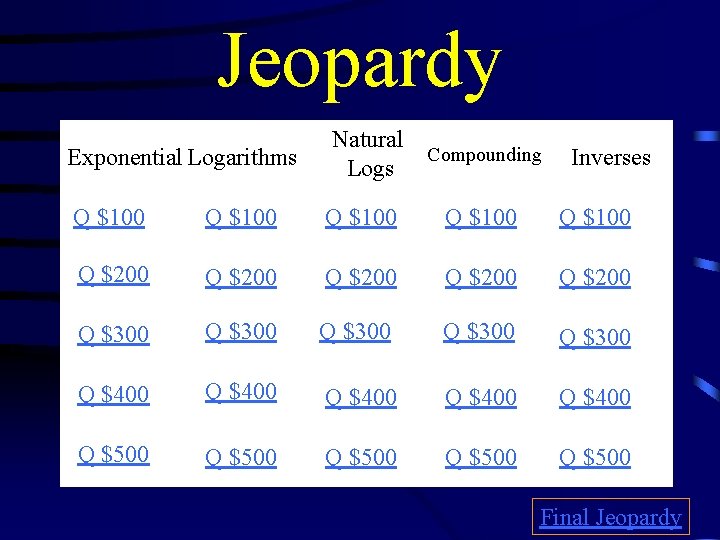 Jeopardy Exponential Logarithms Natural Compounding Logs Q $100 Q $100 Q $200 Q $200