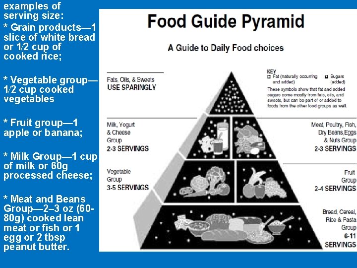 examples of serving size: * Grain products— 1 slice of white bread or 1⁄2