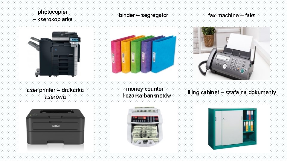 photocopier – kserokopiarka laser printer – drukarka laserowa binder – segregator fax machine –