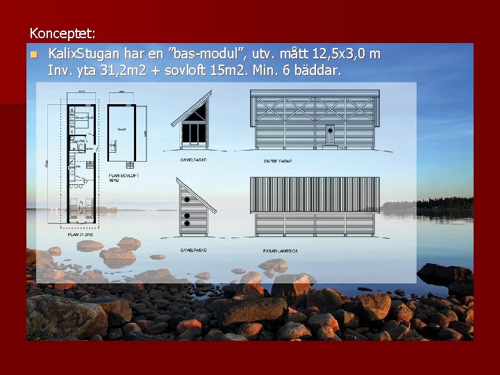 Konceptet: n Kalix. Stugan har en ”bas-modul”, utv. mått 12, 5 x 3, 0