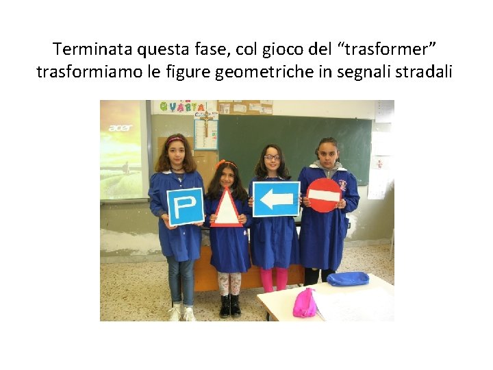 Terminata questa fase, col gioco del “trasformer” trasformiamo le figure geometriche in segnali stradali