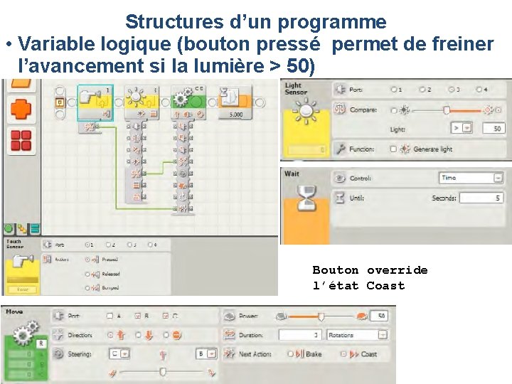 Structures d’un programme • Variable logique (bouton pressé permet de freiner l’avancement si la