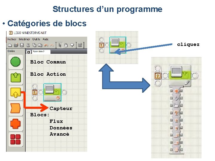 Structures d’un programme • Catégories de blocs cliquez Bloc Commun Bloc Action Capteur Blocs: