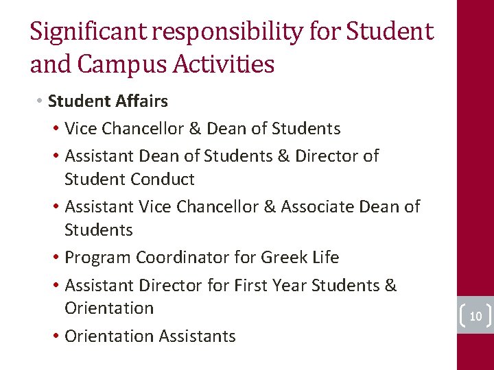 Significant responsibility for Student and Campus Activities • Student Affairs • Vice Chancellor &