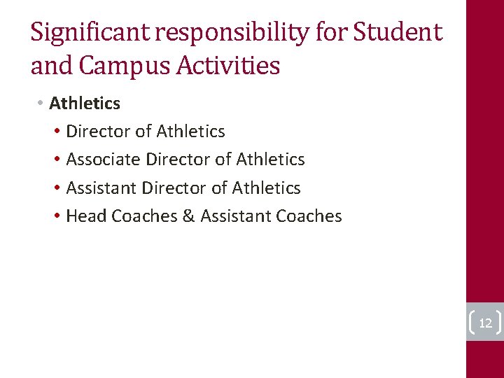 Significant responsibility for Student and Campus Activities • Athletics • Director of Athletics •