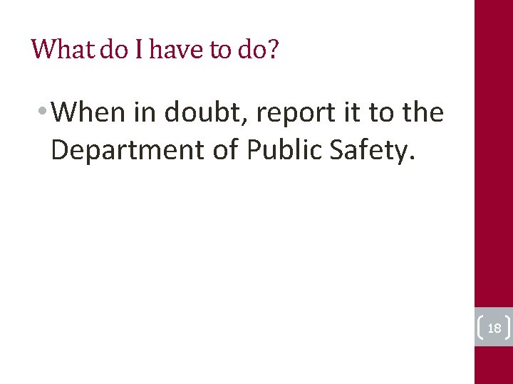 What do I have to do? • When in doubt, report it to the
