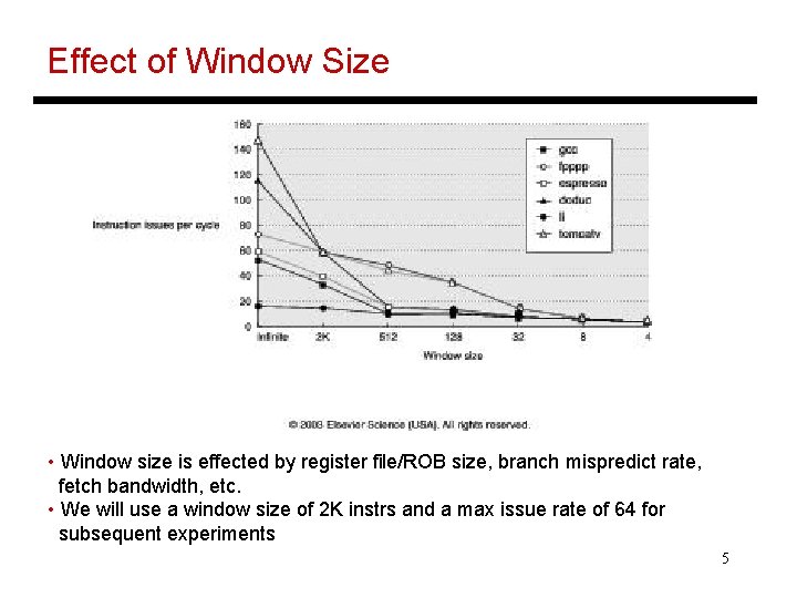 Effect of Window Size • Window size is effected by register file/ROB size, branch