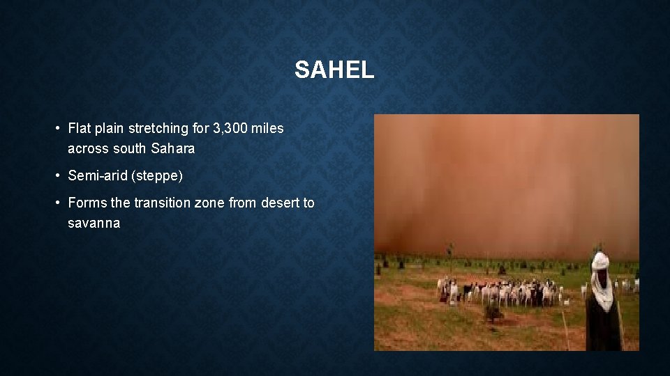 SAHEL • Flat plain stretching for 3, 300 miles across south Sahara • Semi-arid