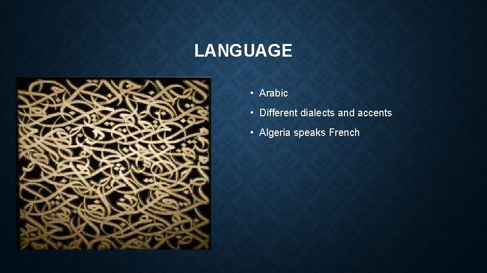 LANGUAGE • Arabic • Different dialects and accents • Algeria speaks French 