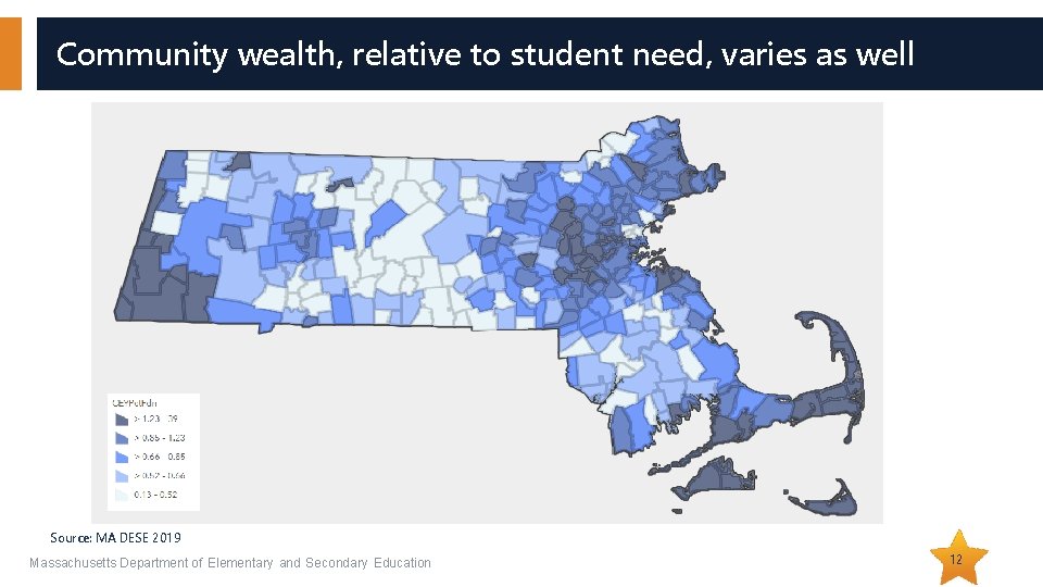 Community wealth, relative to student need, varies as well Source: MA DESE 2019 Massachusetts