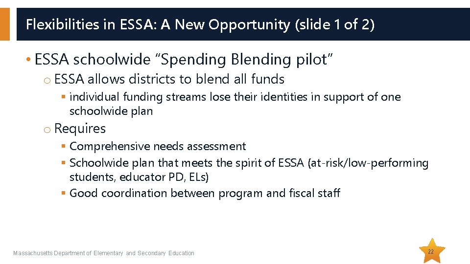 Flexibilities in ESSA: A New Opportunity (slide 1 of 2) • ESSA schoolwide “Spending