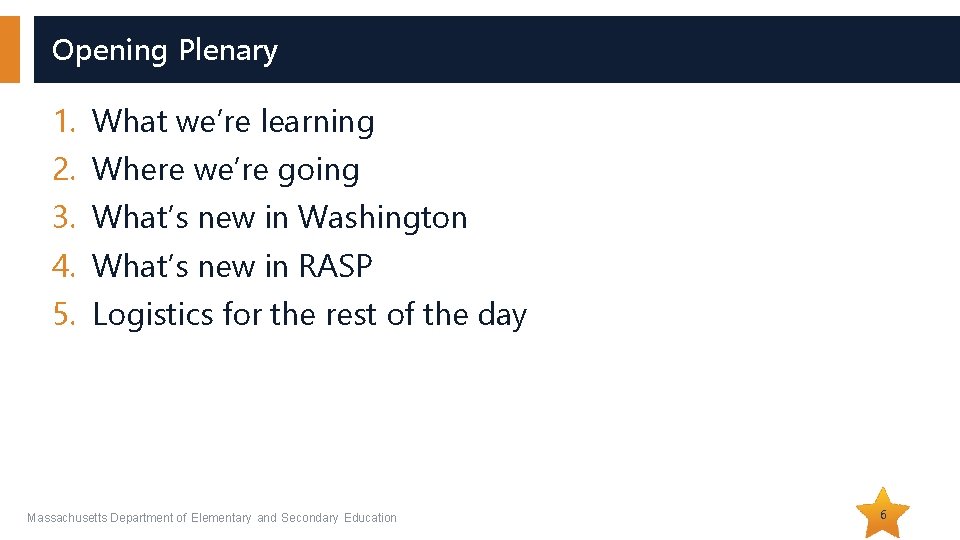 Opening Plenary 1. 2. 3. 4. 5. What we’re learning Where we’re going What’s