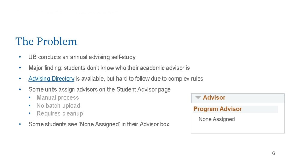 The Problem • UB conducts an annual advising self-study • Major finding: students don’t