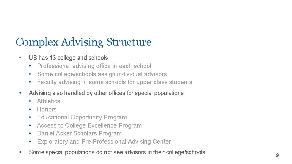 Complex Advising Structure • UB has 13 college and schools • Professional advising office