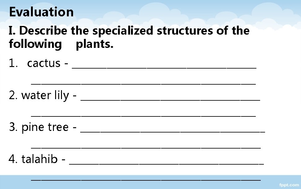 Evaluation I. Describe the specialized structures of the following plants. 1. cactus - _________________________________________