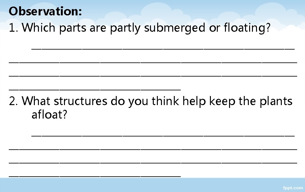 Observation: 1. Which parts are partly submerged or floating? _________________________________________________________ _________________ 2. What structures