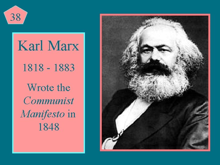 38 Karl Marx 1818 - 1883 Wrote the Communist Manifesto in 1848 