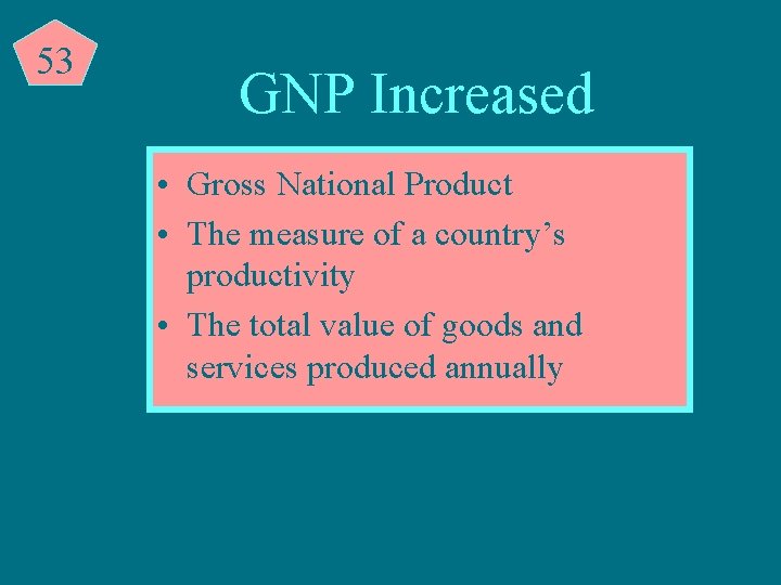 53 GNP Increased • Gross National Product • The measure of a country’s productivity