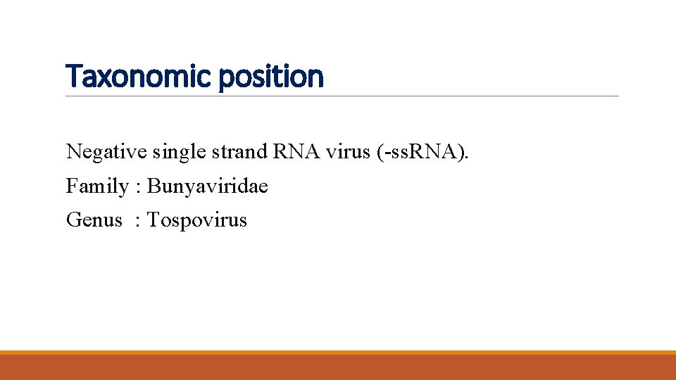 Taxonomic position Negative single strand RNA virus (-ss. RNA). Family : Bunyaviridae Genus :