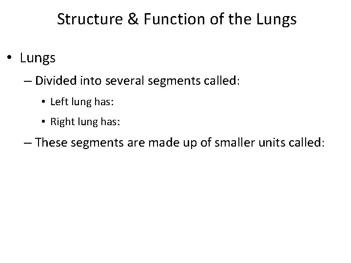 Structure & Function of the Lungs • Lungs – Divided into several segments called: