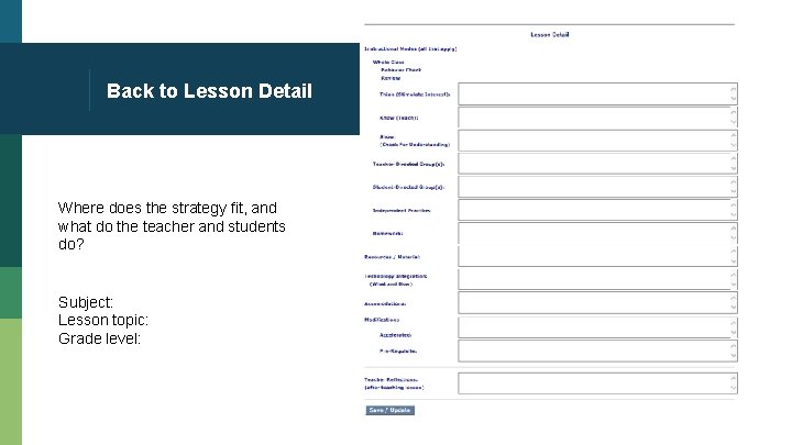 Back to Lesson Detail Where does the strategy fit, and what do the teacher