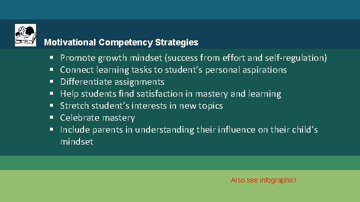 Motivational Competency Strategies § § § § Promote growth mindset (success from effort and