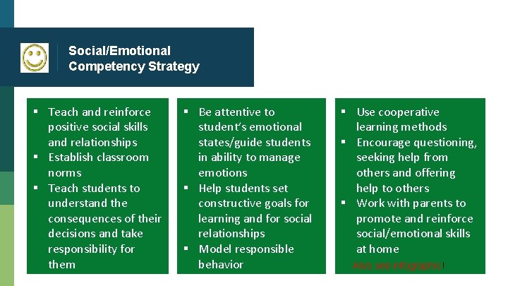 Social/Emotional Competency Strategy § Teach and reinforce positive social skills and relationships § Establish