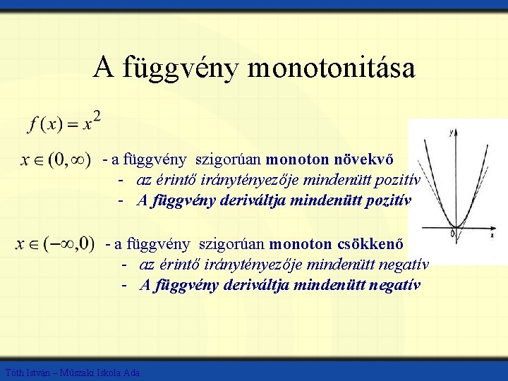 A függvény monotonitása - a függvény szigorúan monoton növekvő - az érintő iránytényezője mindenütt