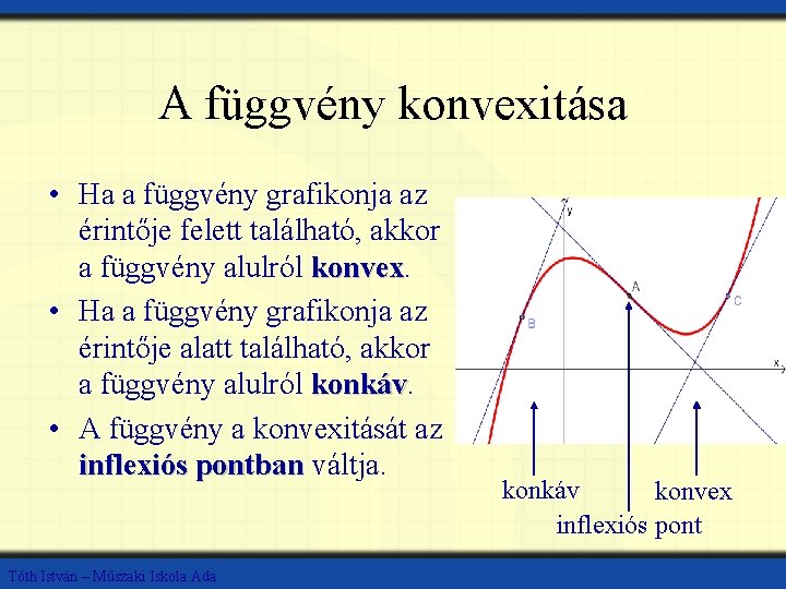 A függvény konvexitása • Ha a függvény grafikonja az érintője felett található, akkor a