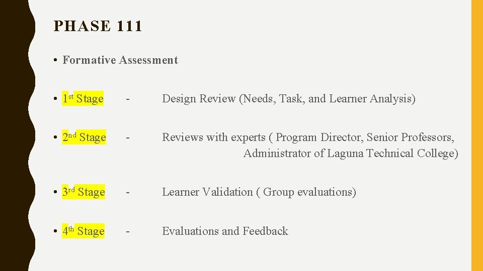 PHASE 111 • Formative Assessment • 1 st Stage - Design Review (Needs, Task,