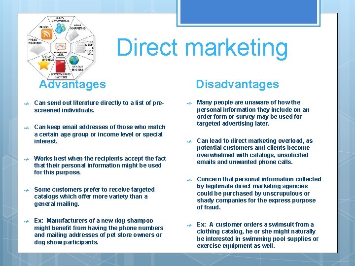 Direct marketing Advantages Can send out literature directly to a list of prescreened individuals.