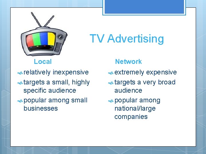 TV Advertising Local relatively inexpensive targets a small, highly specific audience popular among small
