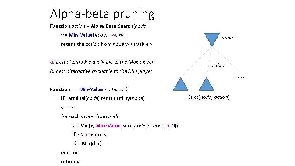Alpha-beta pruning Function action = Alpha-Beta-Search(node) v = Min-Value(node, −∞, ∞) return the action