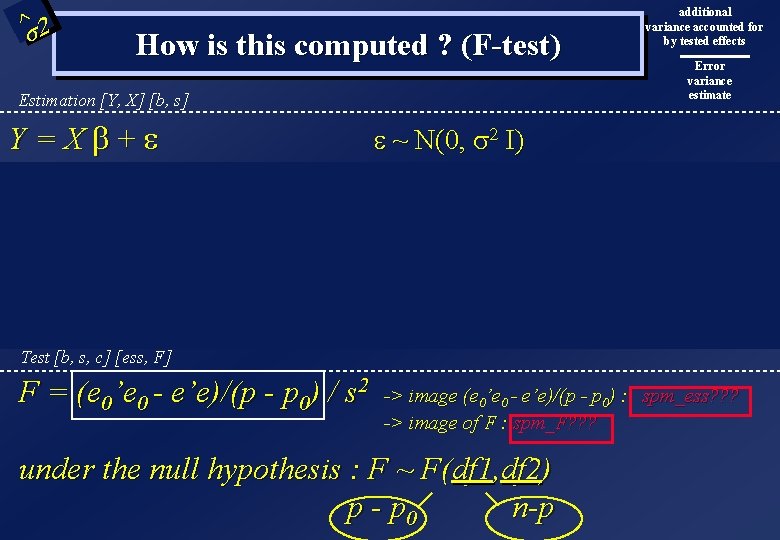 ^2 s How is this computed ? (F-test) Estimation [Y, X] [b, s] Y=Xb+e