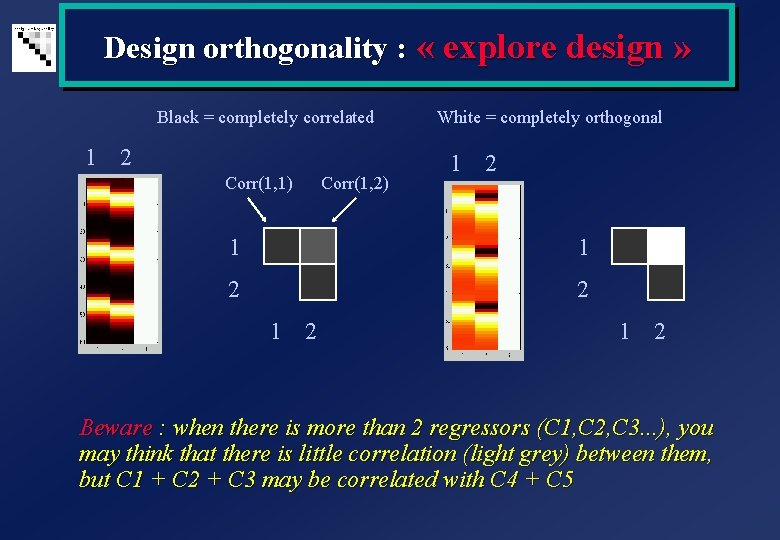 Design orthogonality : « explore design » Black = completely correlated 1 2 Corr(1,