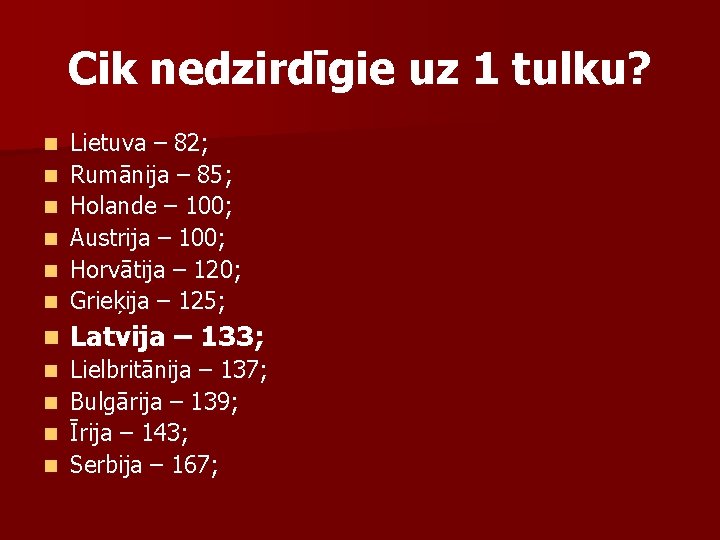 Cik nedzirdīgie uz 1 tulku? n Lietuva – 82; Rumānija – 85; Holande –