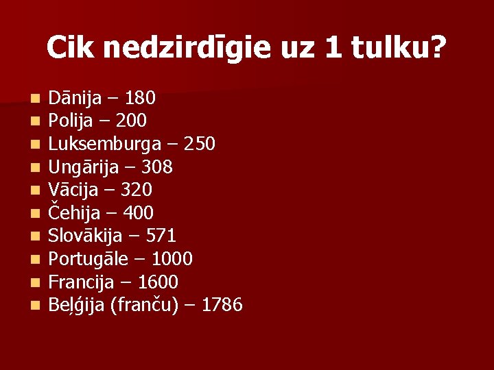 Cik nedzirdīgie uz 1 tulku? n n n n n Dānija – 180 Polija