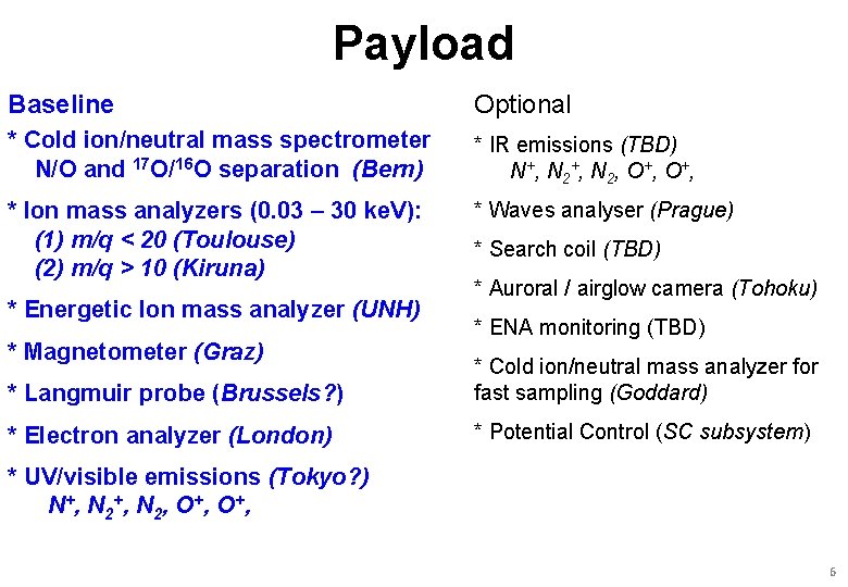 Payload Baseline Optional * Cold ion/neutral mass spectrometer N/O and 17 O/16 O separation