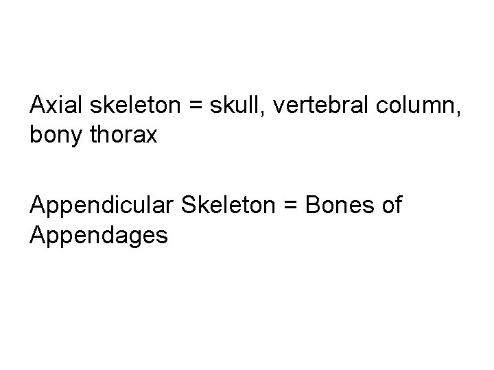 Axial skeleton = skull, vertebral column, bony thorax Appendicular Skeleton = Bones of Appendages