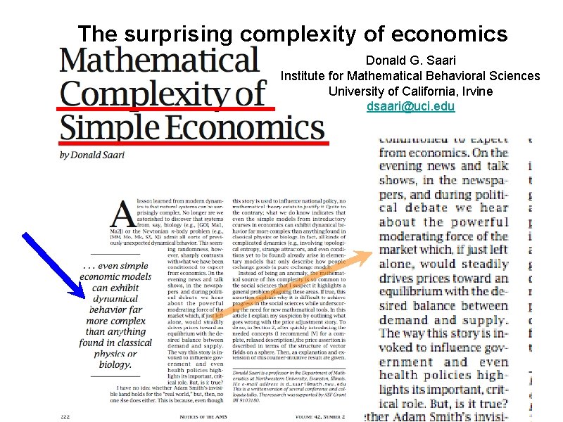 The surprising complexity of economics Donald G. Saari Institute for Mathematical Behavioral Sciences University