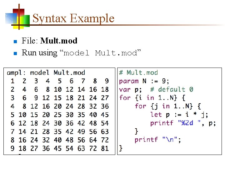 Syntax Example n n File: Mult. mod Run using “model Mult. mod” 